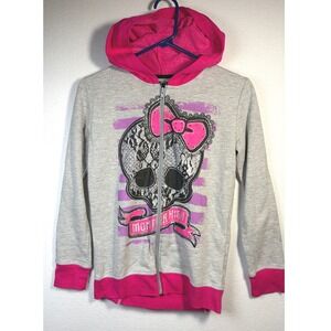 Y2K Monster High Zip Hoodie Girls Size 16 Gray Pink Excellent Skull Ruffle Back